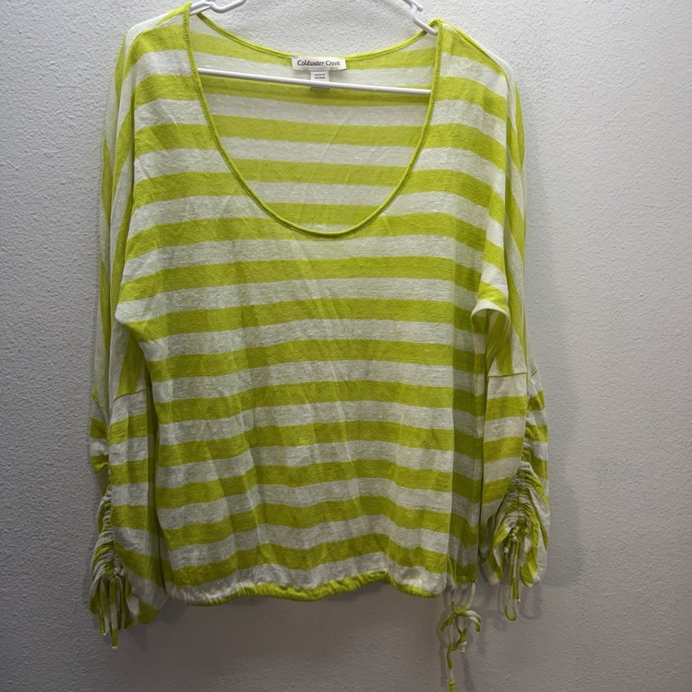 Coldwater Creek Green Striped Long Sleeve Top Ruched 100% Linen Lightweight Sz M